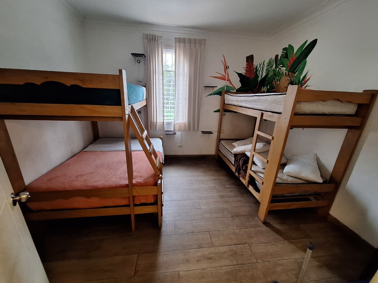 Habitación con dos literas de madera y plantas tropicales pintadas